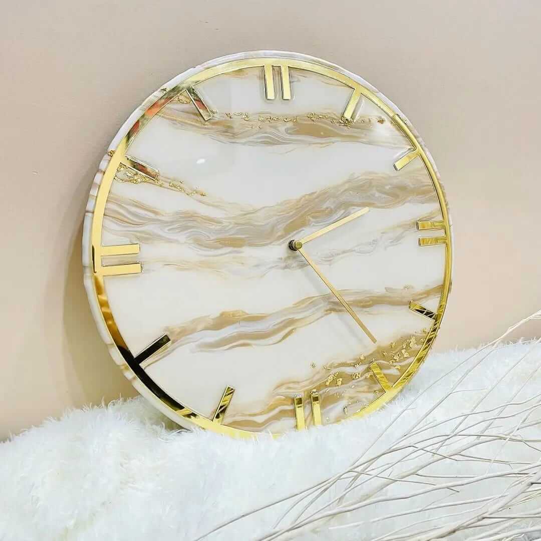 White and Golden Abstract Epoxy Resin Wall Clock For Home Decor - Art Me Up by Kinmil