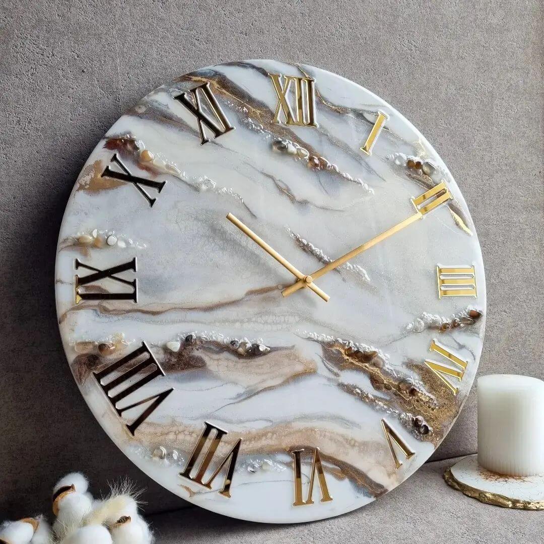 White and Golden Abstract Epoxy Resin Wall Clock For Home Decor - Art Me Up by Kinmil