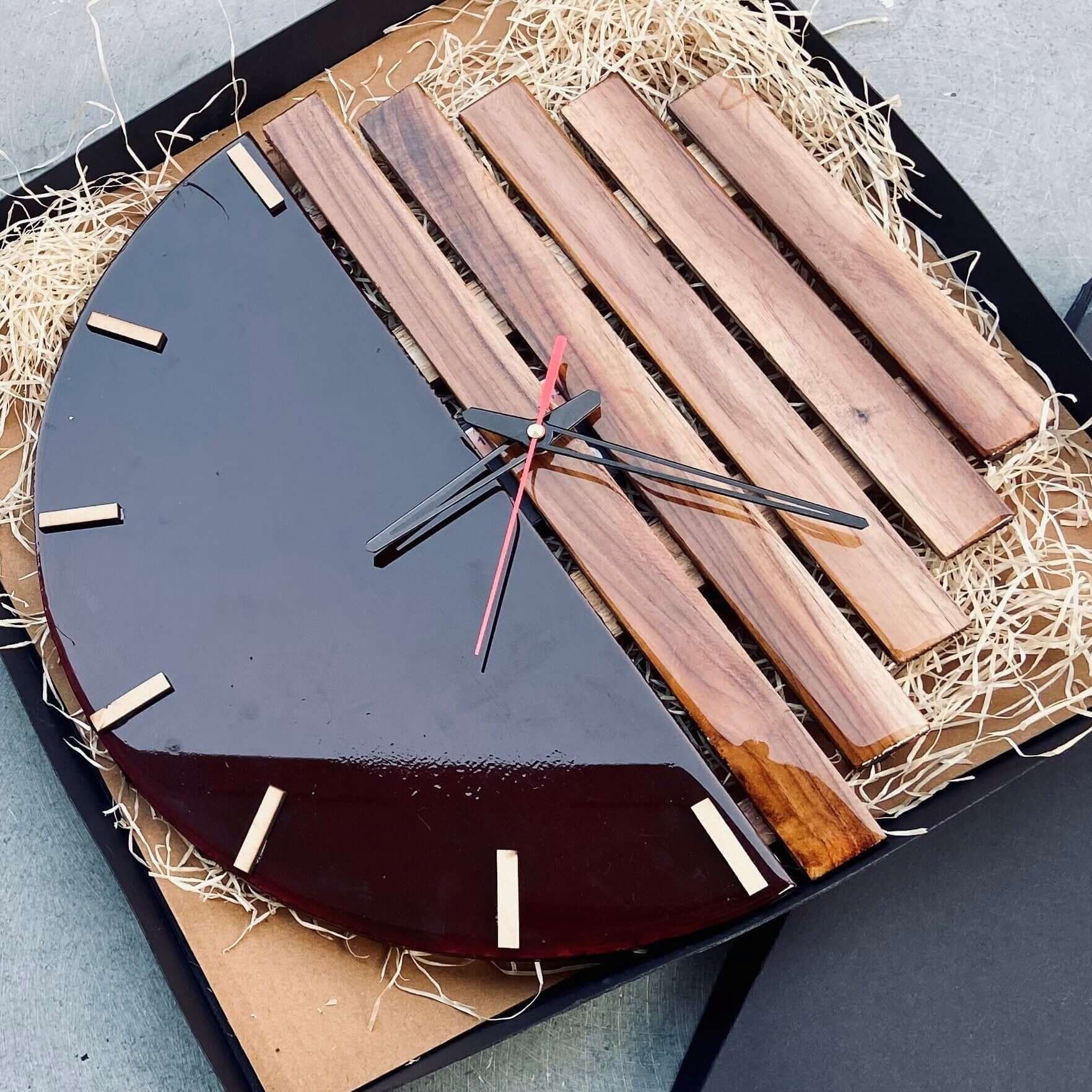 Black and Wooden Abstract Epoxy Resin Wall Clock For Home Decor