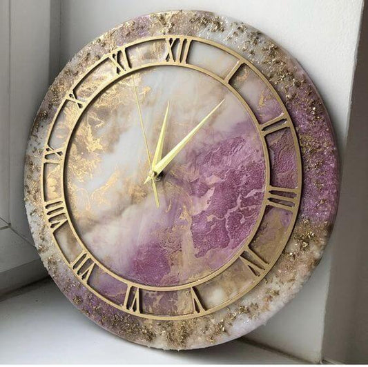 Purple and Golden Abstract Epoxy Resin Wall Clock For Home Decor