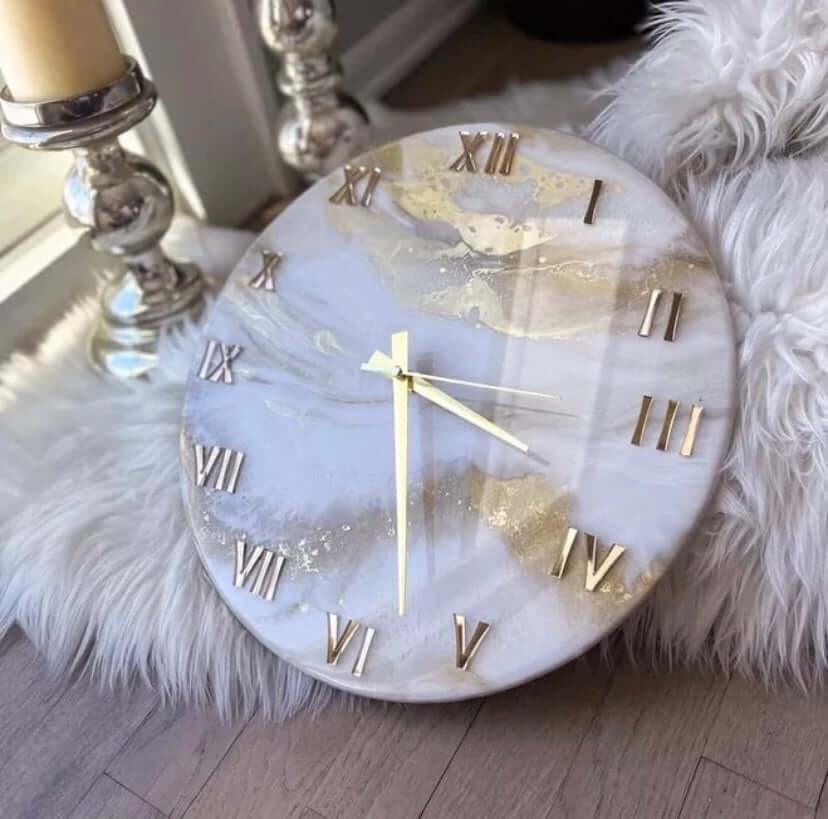 White and Golden Abstract Epoxy Resin Wall Clock For Home Decor