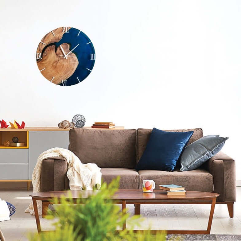 Dark Blue and Wooden Abstract Epoxy Resin Wall Clock For Home Decor