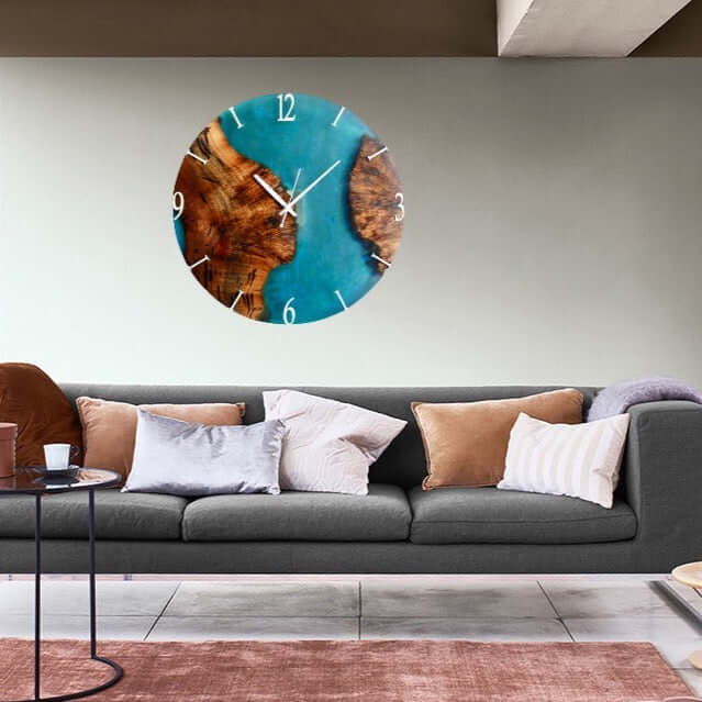 Blue and Wooden Abstract Epoxy Resin Wall Clock For Home Decor