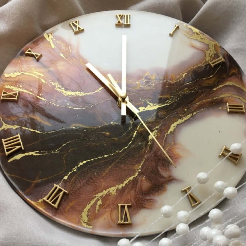 Brown and Gold Abstract Epoxy Resin Wall Clock For Home Decor